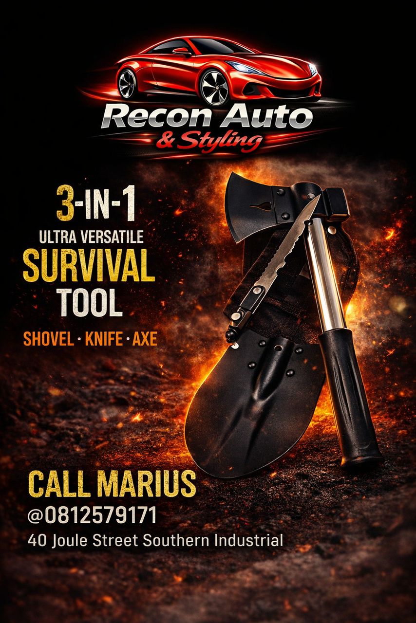 3-in-1 survival tool with shovel, knife and axe